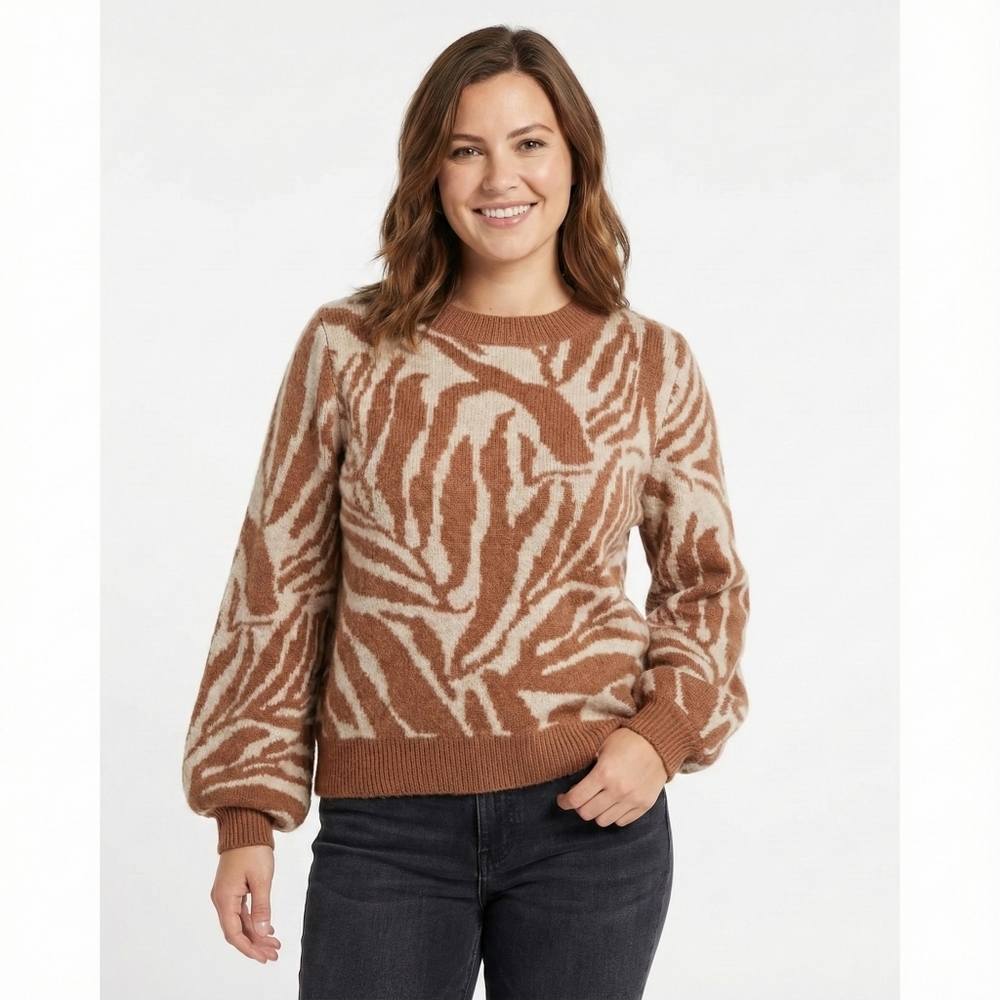 Just Female Sweater Medium Jungle Knit Wool Mohair Animal Print Brown/White